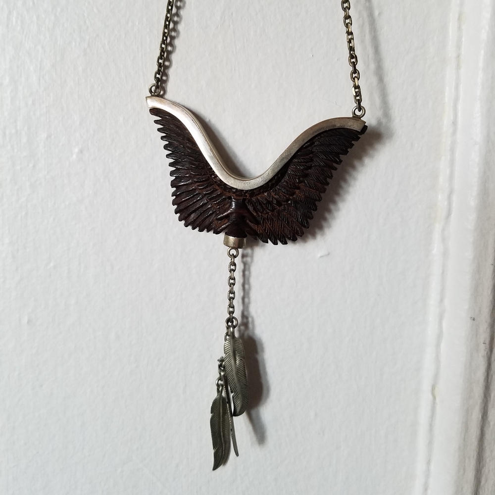 Unique Wooden Wings and Feather Chain Necklace